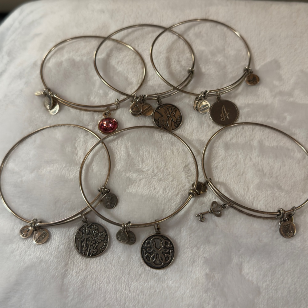 Bundle Lot of Six Retired Silver Finish Alex & Ani Charm Bracelets